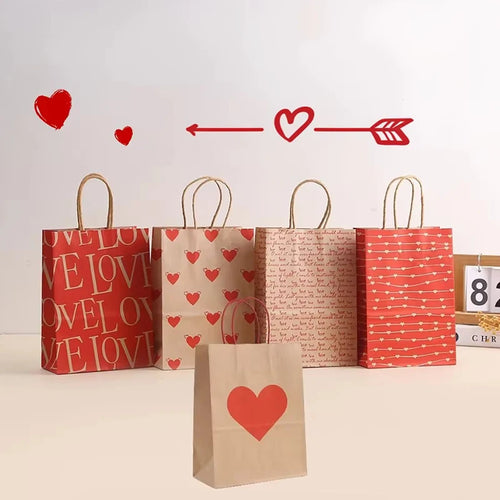 10PCS Heart Patterns Kraft Paper Bag with Handle Valentine's Day Gift Packaging Tote Romantic Bags Party Wedding Accessories