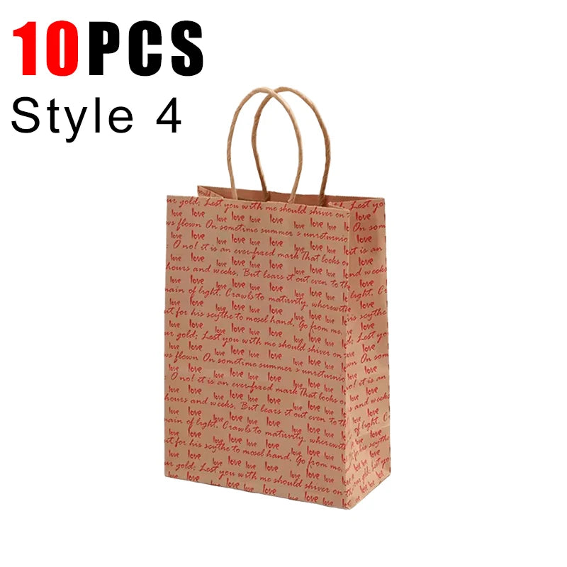10PCS Heart Patterns Kraft Paper Bag with Handle Valentine's Day Gift Packaging Tote Romantic Bags Party Wedding Accessories
