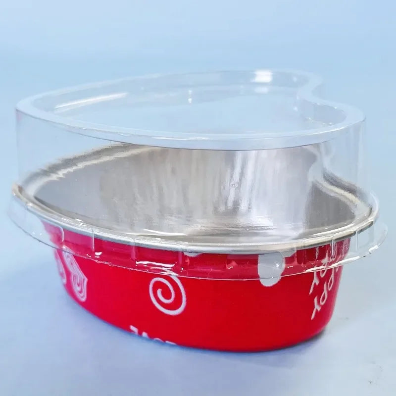 50Pcs 100ml Tin Foil Aluminum Foil Pudding  Cup With Lid Heart-shaped Disposable Mini Mousse Cupcake Containers Baking Mould