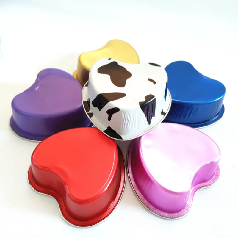50Pcs 100ml Tin Foil Aluminum Foil Pudding  Cup With Lid Heart-shaped Disposable Mini Mousse Cupcake Containers Baking Mould