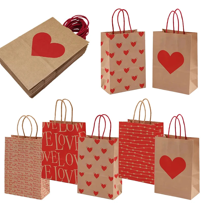 10PCS Heart Patterns Kraft Paper Bag with Handle Valentine's Day Gift Packaging Tote Romantic Bags Party Wedding Accessories