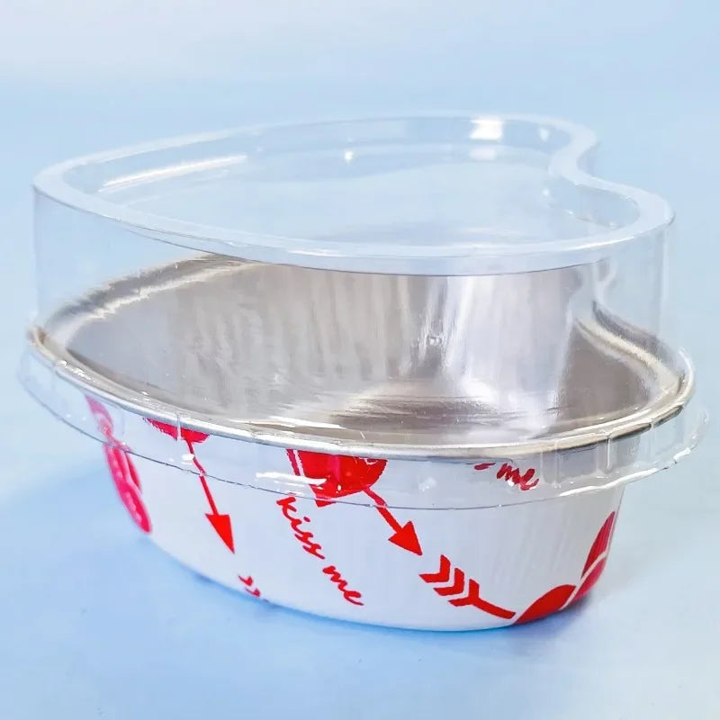 50Pcs 100ml Tin Foil Aluminum Foil Pudding  Cup With Lid Heart-shaped Disposable Mini Mousse Cupcake Containers Baking Mould
