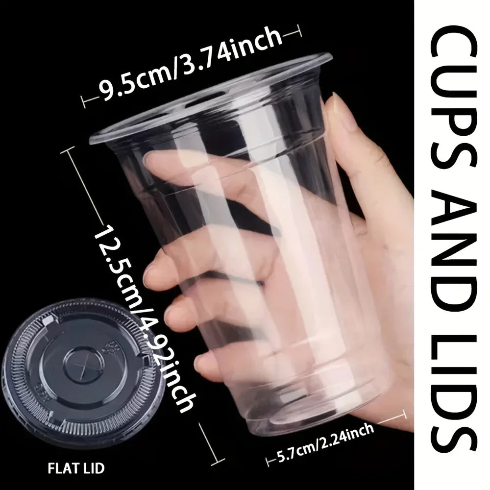 50pcs/Set 12/16OZ Plastic Cups With Lids Disposable Cups For Iced Coffee,Smoothie, Milkshake,Cold Drinks Birthday Party Supplies