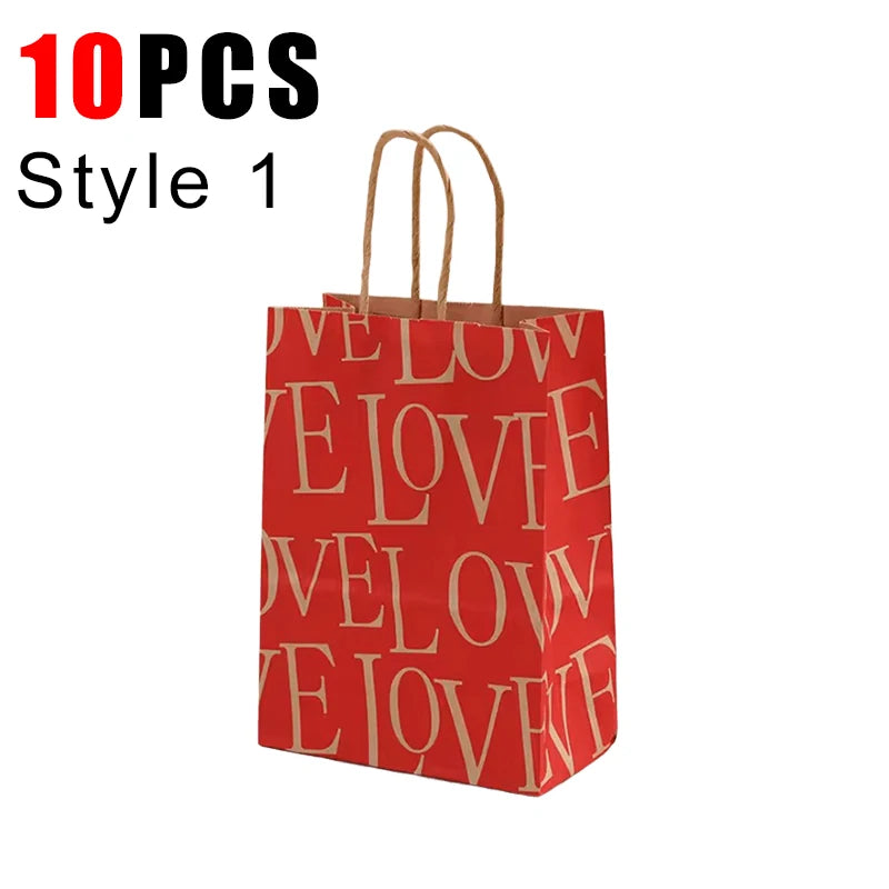 10PCS Heart Patterns Kraft Paper Bag with Handle Valentine's Day Gift Packaging Tote Romantic Bags Party Wedding Accessories
