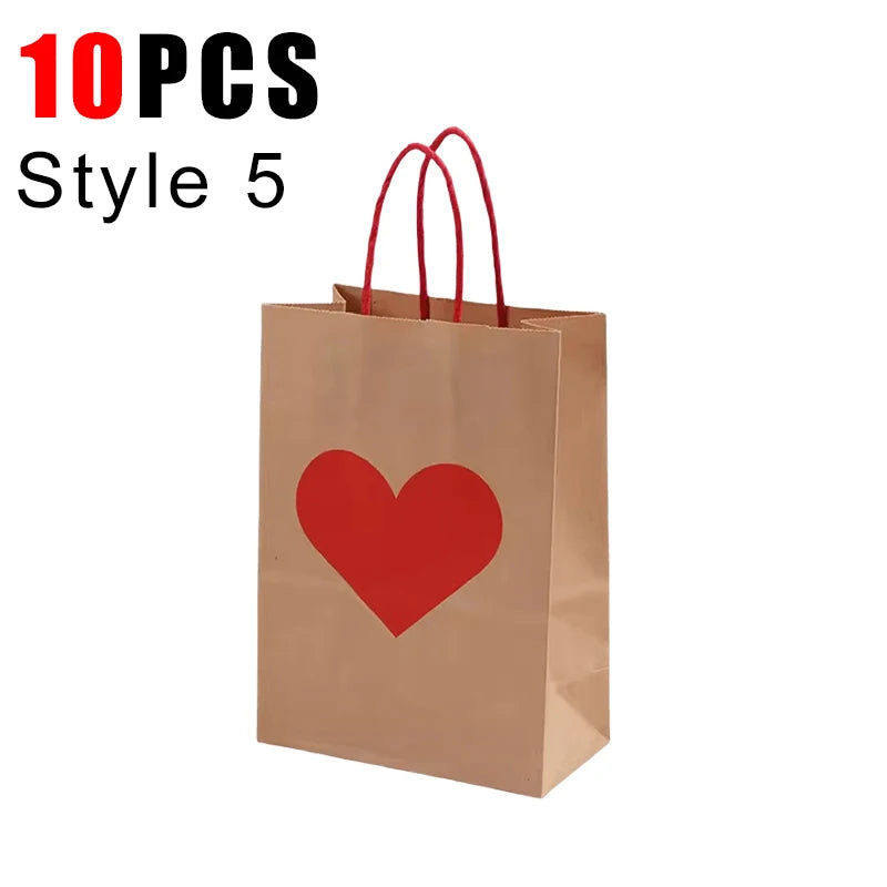 10PCS Heart Patterns Kraft Paper Bag with Handle Valentine's Day Gift Packaging Tote Romantic Bags Party Wedding Accessories