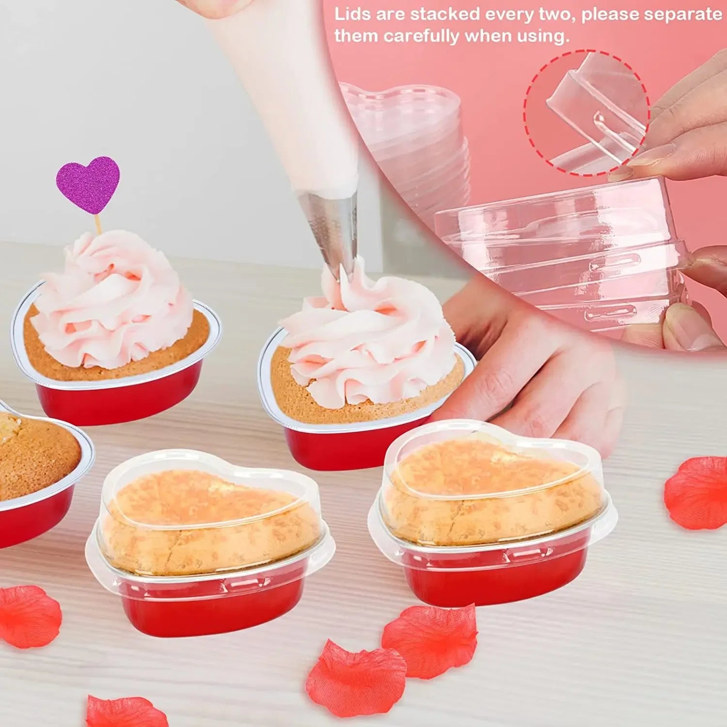50Pcs 100ml Tin Foil Aluminum Foil Pudding  Cup With Lid Heart-shaped Disposable Mini Mousse Cupcake Containers Baking Mould