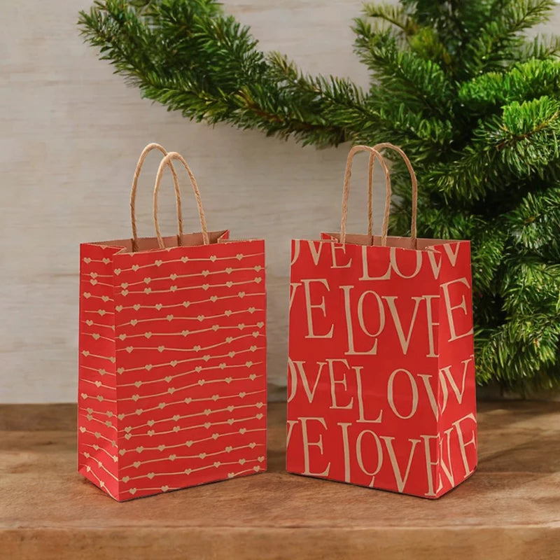 10PCS Heart Patterns Kraft Paper Bag with Handle Valentine's Day Gift Packaging Tote Romantic Bags Party Wedding Accessories