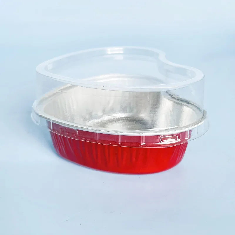 50Pcs 100ml Tin Foil Aluminum Foil Pudding  Cup With Lid Heart-shaped Disposable Mini Mousse Cupcake Containers Baking Mould