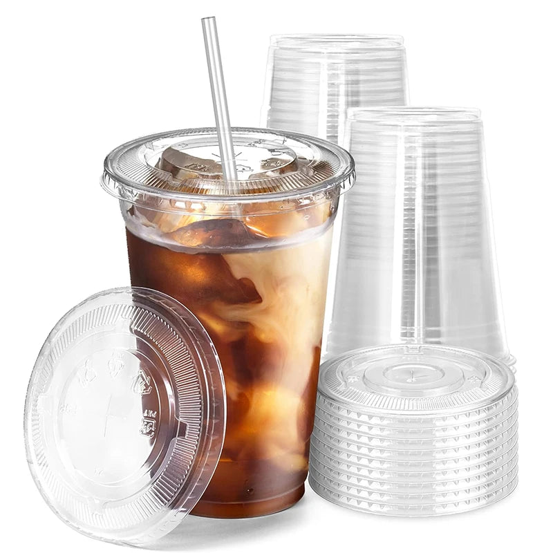 50pcs/Set 12/16OZ Plastic Cups With Lids Disposable Cups For Iced Coffee,Smoothie, Milkshake,Cold Drinks Birthday Party Supplies